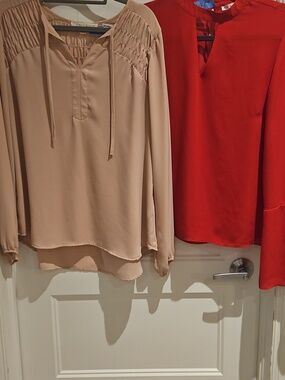 Set of 2 Violet + Claire Blouses | Red Bell-Sleeve & Blush Smocked | Size S